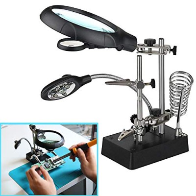 LED Light Helping Hands Magnifier Station,Magnifying Glass Stand with Clamp and Alligator Clips