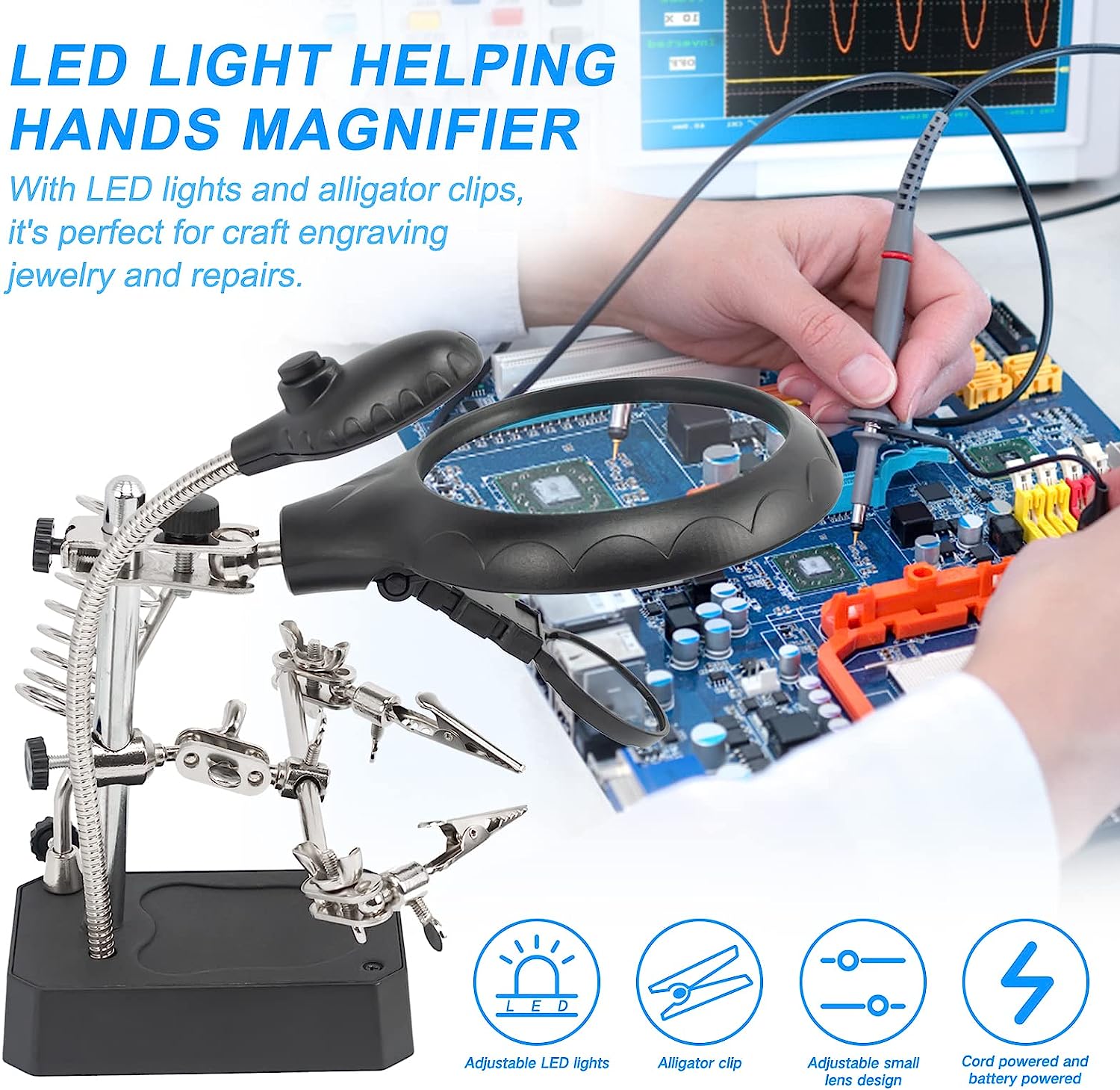 LED Light Helping Hands Magnifier Station,Magnifying Glass Stand with Clamp and Alligator Clips - Image 6