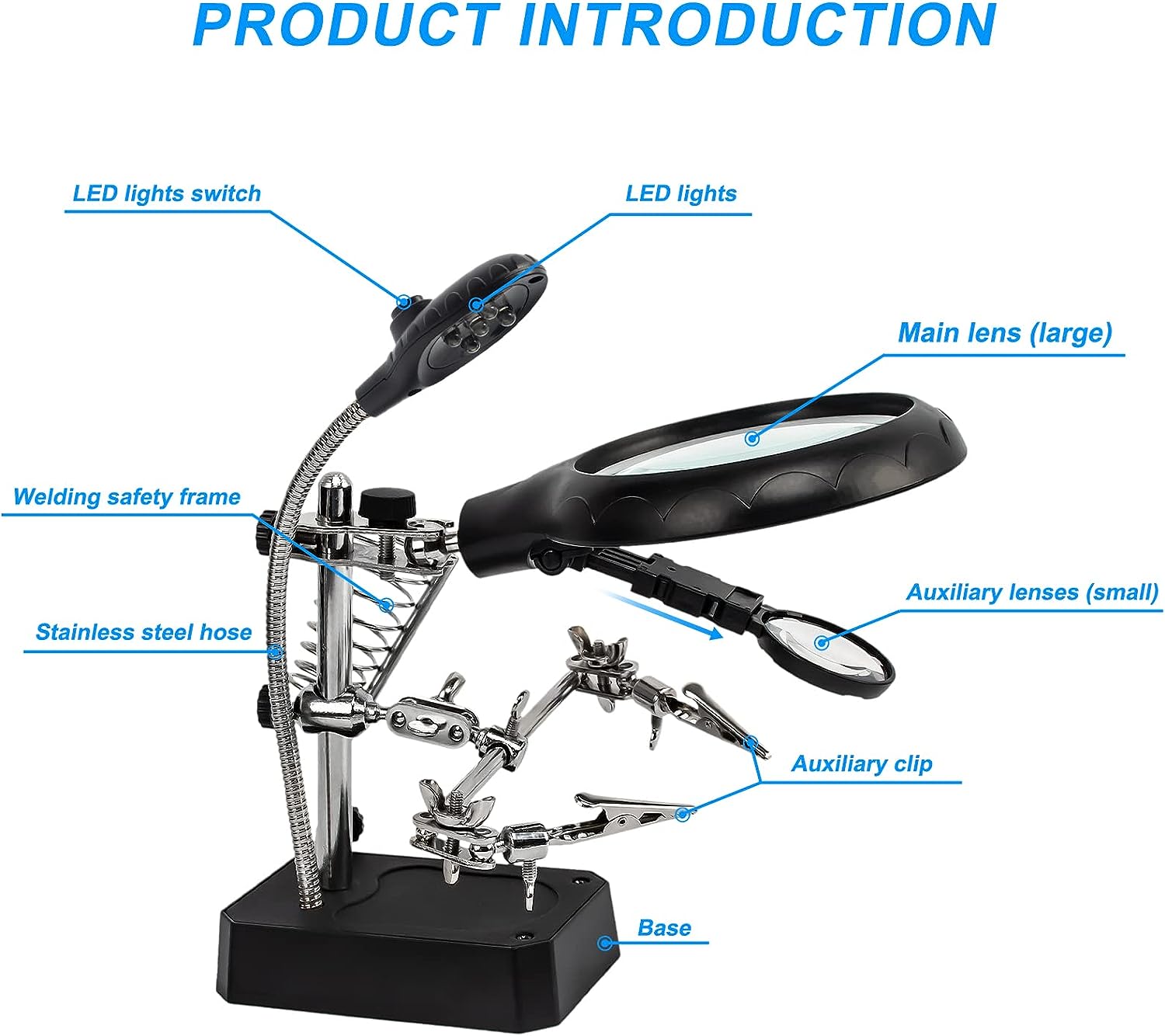 LED Light Helping Hands Magnifier Station,Magnifying Glass Stand with Clamp and Alligator Clips - Image 3