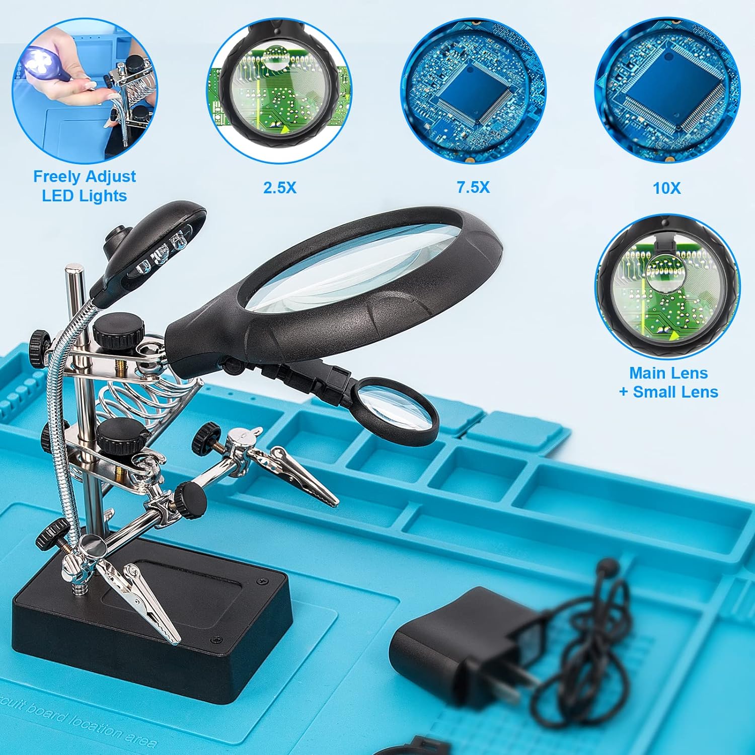 LED Light Helping Hands Magnifier Station,Magnifying Glass Stand with Clamp and Alligator Clips - Image 5