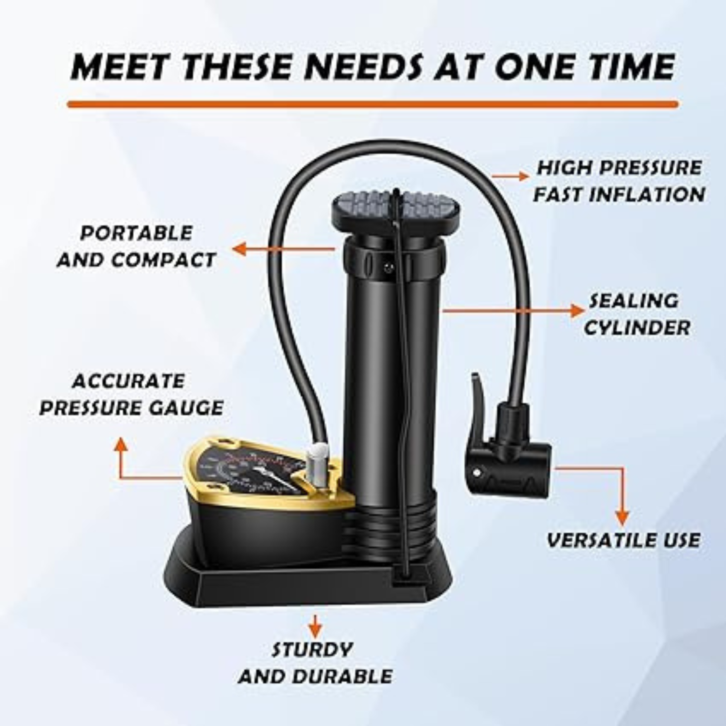 Inchant Mini Bicycle Foot Pump with Sensitive Pressure Gauge 140PSI, Aluminum Alloy Bike Foot Pump - Image 3