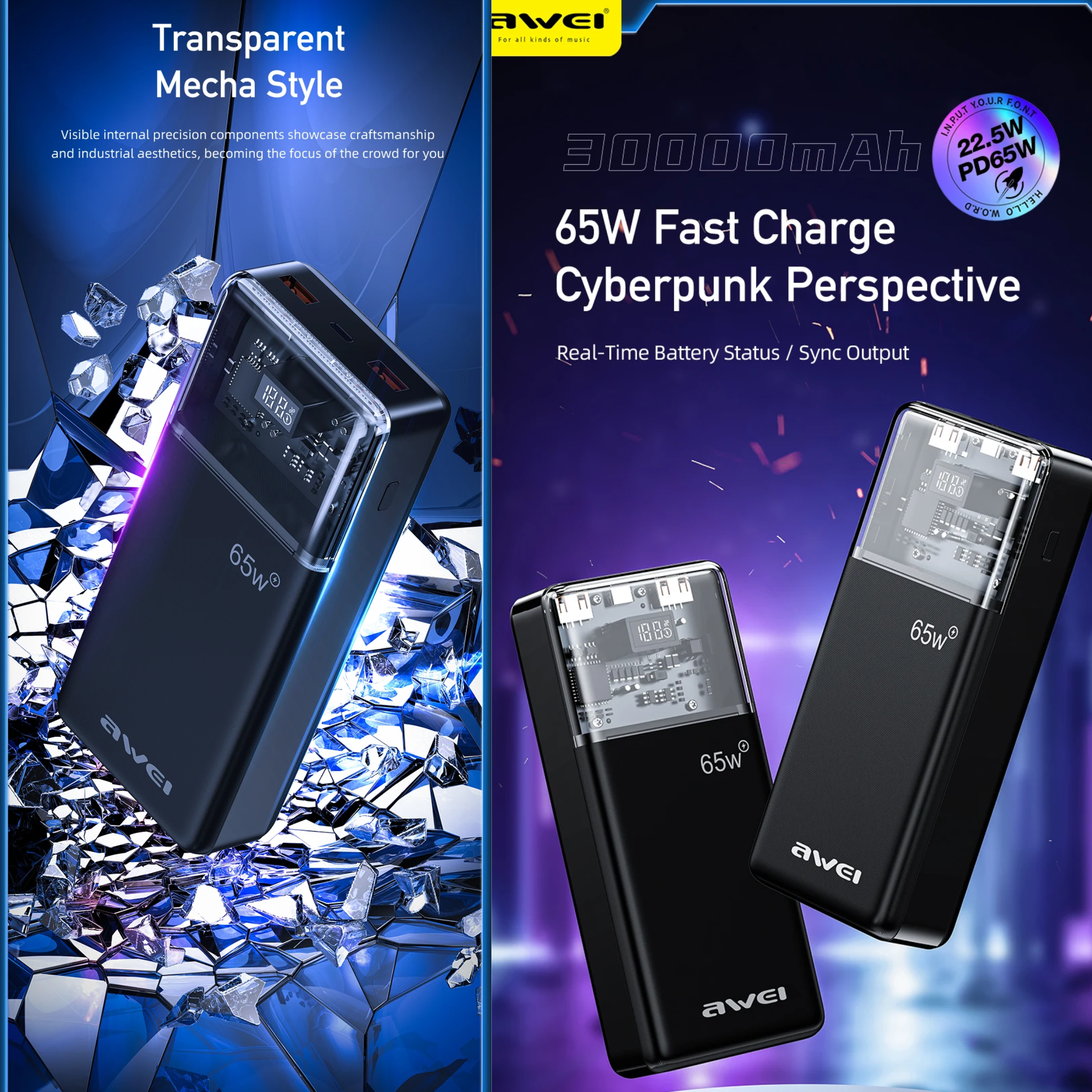 Awei P109K 30000mAh Type C PD65W Fast Charge Powerbank - Image 3