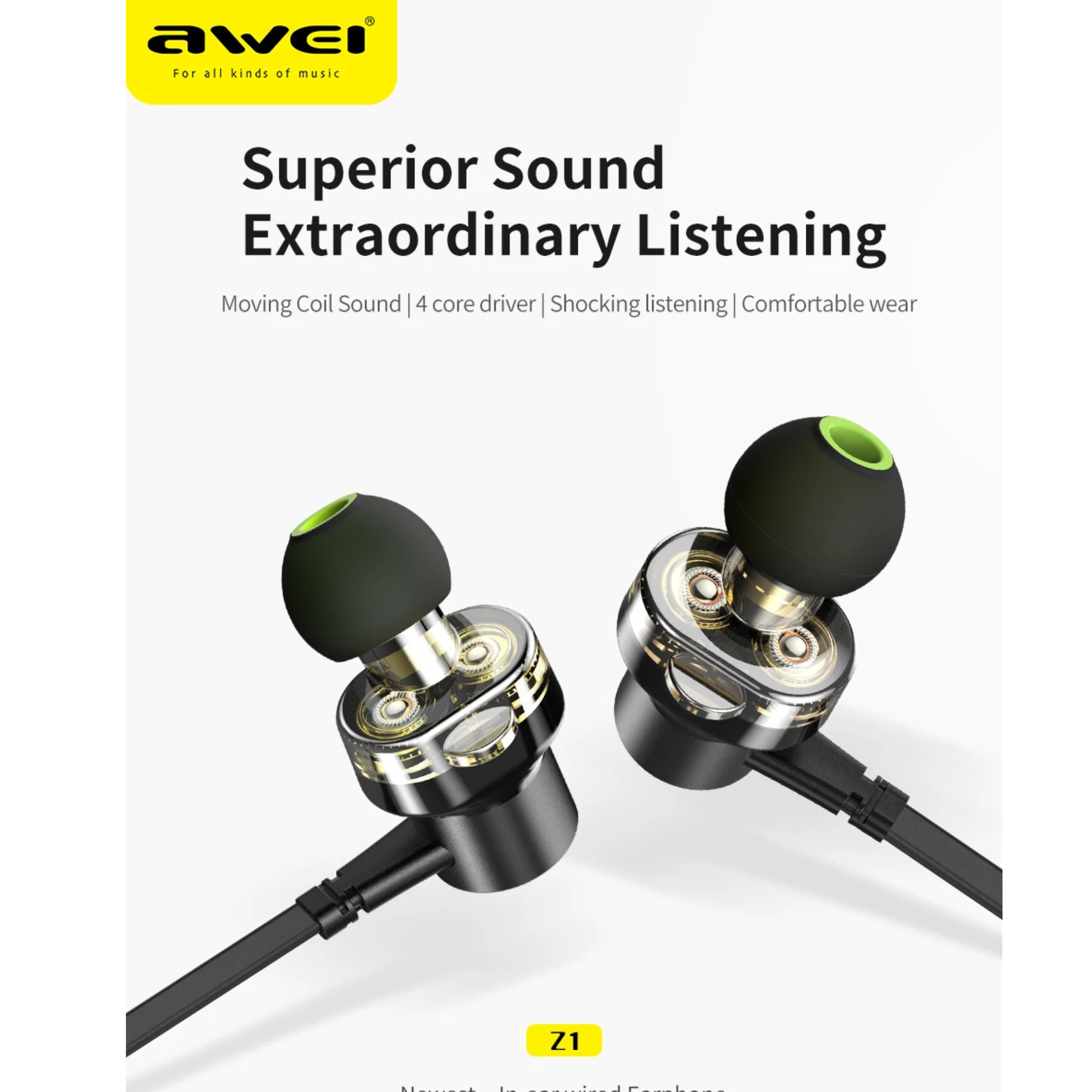 Awei Z1 Dual Drivers Wired In-ear Earphone Deep Bass Stereo with Mic ( Six Month Warrenty) - Image 3