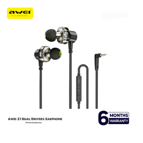 Awei Z1 Dual Drivers Wired In-ear Earphone Deep Bass Stereo with Mic ( Six Month Warrenty) - Image 2