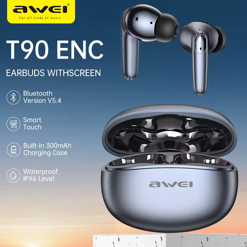 Awei T90 2 in 1 ENC Wireless Bluetooth Earbuds With Mic Noise Reduction Headphones - Image 2